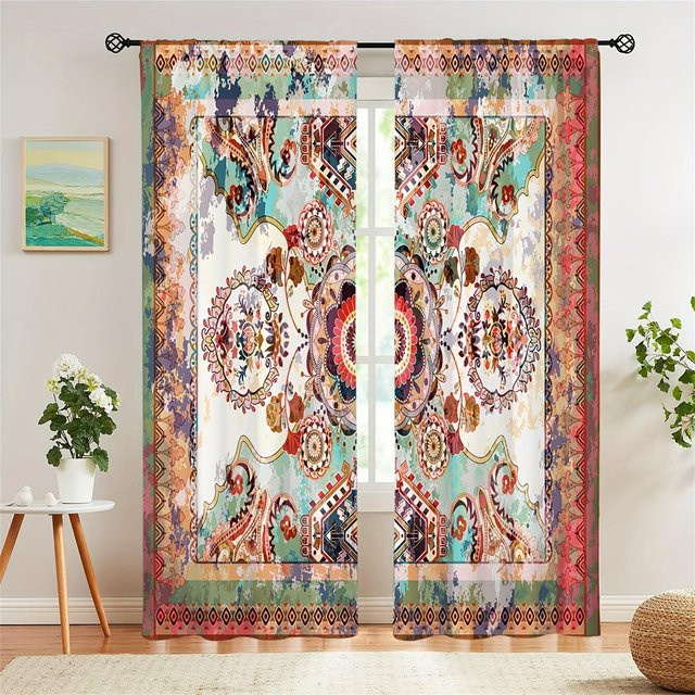 Yiran Furniture Boho Hippie Fenstergardinen mit Lebensbaum Motiv, 2er Set, Multicolor, Breite: 60 cm, Höhe: 150 cm - Bild 1