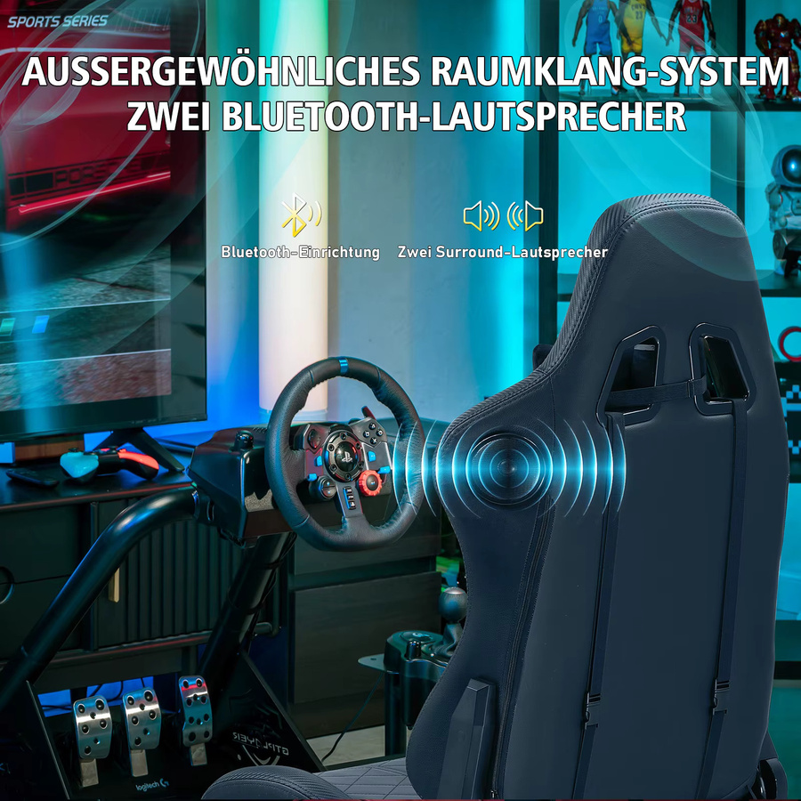 LUCKRACER Simracing-Cockpit Rennsimulator mit Lautsprechern, Lenkrad und Pedalablage in Schwarz oder Weiß - Bild 4