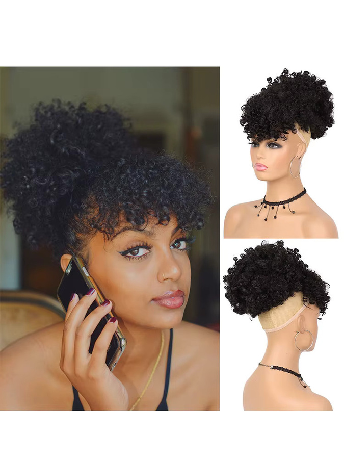 G&T Wig Synthetische Perücke, Pferdeschwanz-Erweiterungen, Afro-Haarknoten mit Pony, kurz, lockig - Bild 7