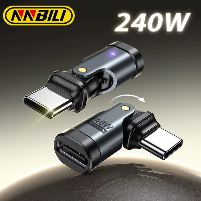 NNBILI 540 Grad drehbarer USB-C zu USB-C OTG Adapter, PD 240W Schnellladekabel Konverter in Schwarz - Bild 1