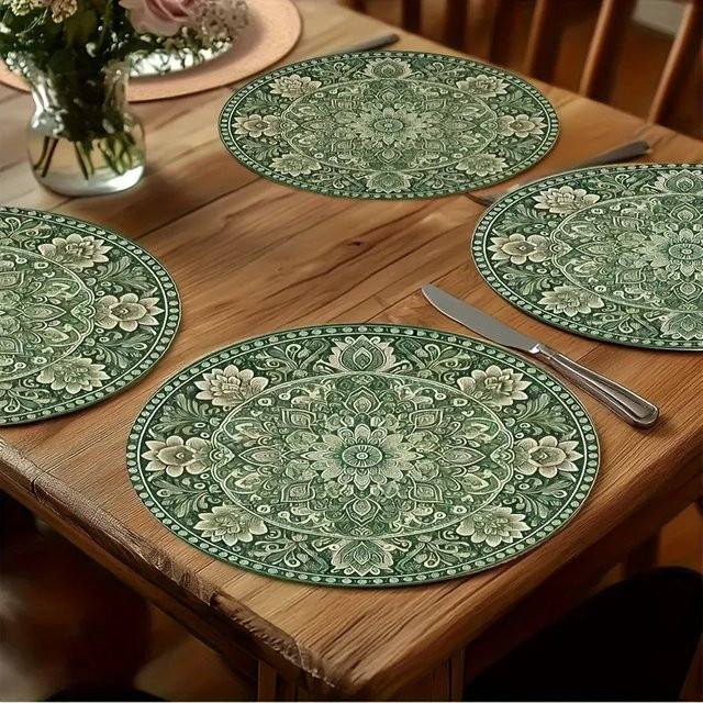 VIKAMA 4er Set runde Tischsets aus Leinen in Grün mit floralem Mandala-Design, wasserdicht, rutschfest und waschbar - Bild 1