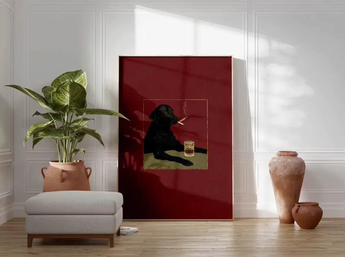 Retro Smoking Dog Poster SHENCHEN Wandkunst mit schwarzem Hund in Schwarz und Rot als grafischer Papierposter für deine Bar-Lounge Dekoration - Bild 2