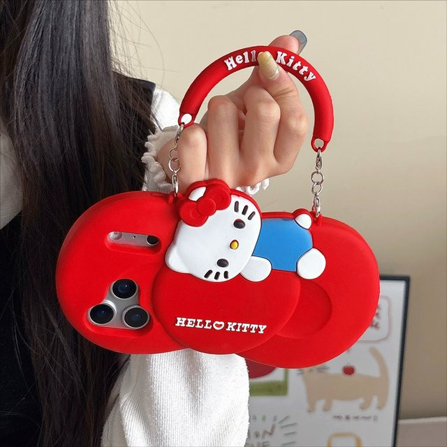 Ins-Style Hello Kitty Handyhülle für Apple iPhone mit Stoßfestem Schutz, Griff und Schlüsselband in Schwarz und Rot - Bild 1