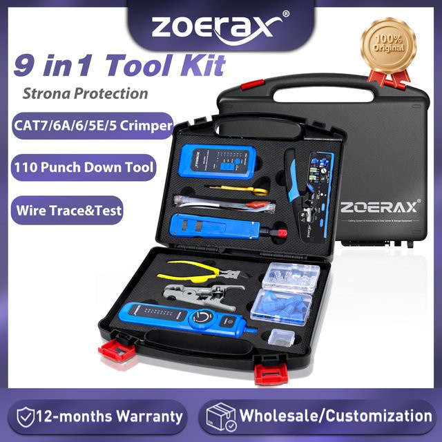 ZoeRax 9-in-1 RJ45 Crimpwerkzeug-Set in Blau mit Kabeltester, Crimpzange, CAT6-Steckern und Abisolierer - Bild 1