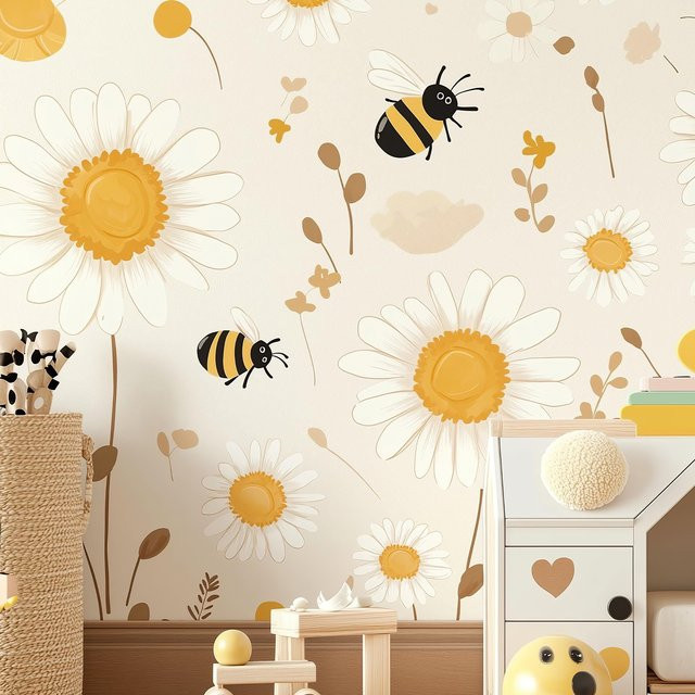 Kingsmile Wandaufkleber Boho Biene und Gänseblümchen in Aquarell-Optik, Mehrfarbige Vinyl Wandkunst für Kinderzimmer, Schlafzimmer und Wohnzimmer - Bild 1