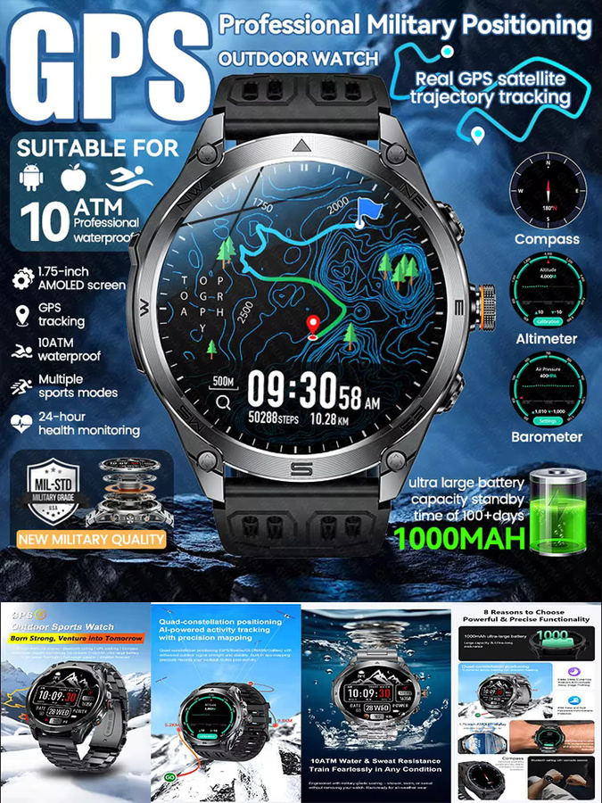 GUHUAVMI Smartwatch, GPS, Edelstahl, Schwarz, Herren, 10 ATM - Bild 6