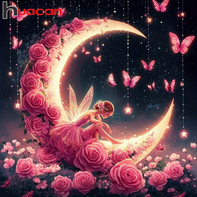 Huacan Diamant-Malerei Rose Pink mit floralem Motiv, runde Wanddekoration als Mosaik-Canvas, Durchmesser: 20 cm - Bild 1