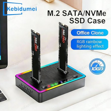 Kebidu Dual-Bay M.2 NVMe/SATA SSD Klon-Dockingstation mit Offline-Klon-Funktion, USB Gen2 und RGB-Beleuchtung, Schwarz/Multicolor