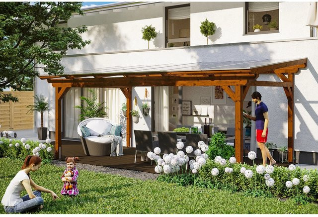 Skan Holz Terrassenüberdachung Sanremo aus Leimholz in Nussbaum Braun, B/T/H: 648 x 250 cm mit Polycarbonat Dach - Bild 1