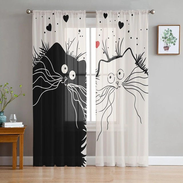 Moderne Tüll-Vorhänge mit Katzenmotiv von A Family Of Home Textiles, transparent, Breite: 135 cm, Höhe: 183 cm - Bild 1