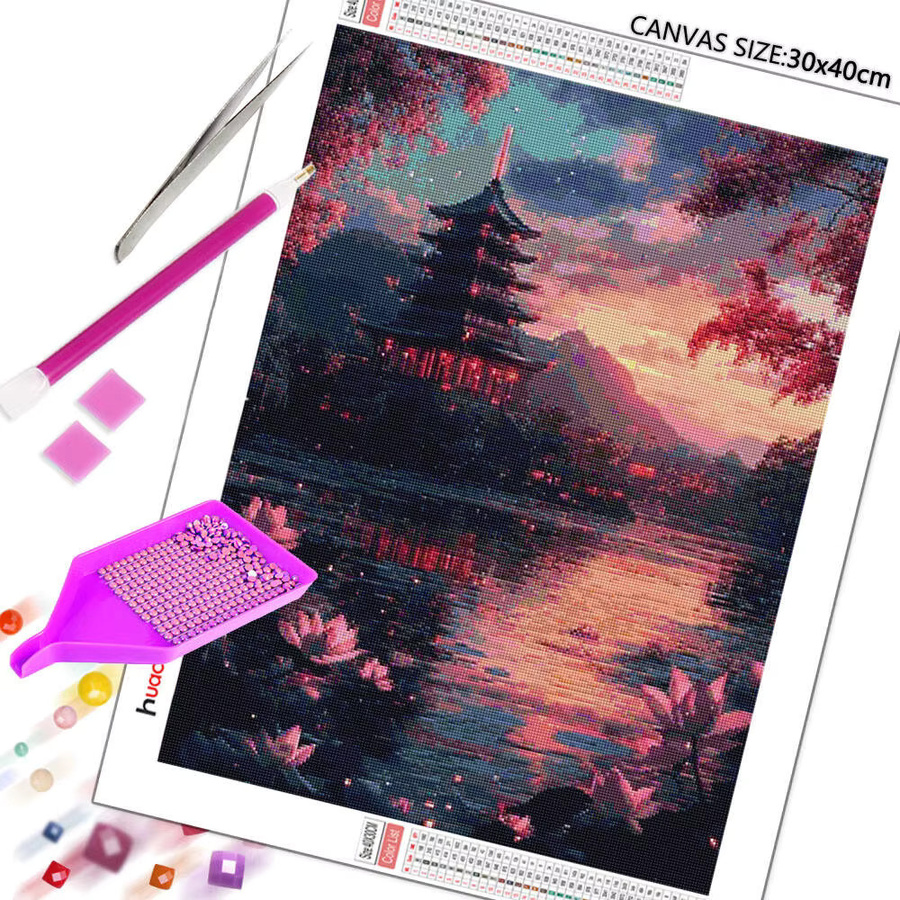 Huacan 5D DIY Diamantmalerei Lotusteich Sonnenuntergang Turm, Rundes Mosaik Bild mit Strass Steinen in Mehrfarbig, Wanddekoration Floral Orientalisch - Bild 2