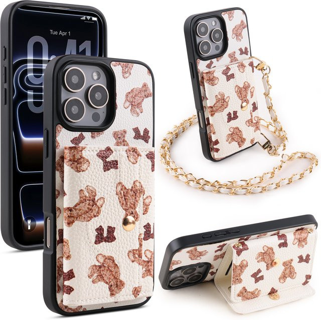 Kunstleder-Brieftaschenhülle mit Bärenmuster für iPhone 17, 16, 15 inklusive Kartenhalter, Spiegel und Umhängetasche mit Kettenriemen - Bild 1