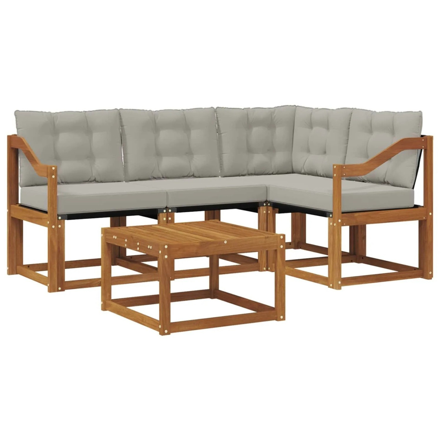 vidaXL Outdoor-Sofagarnitur 5-teilig L-Form aus Akazienholz und Textilene in Natur und Grau mit Kissen - Bild 2