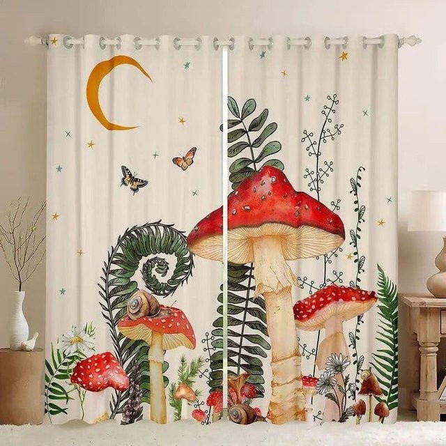A Family Of Home Textiles Pilz-Fenstervorhänge mit Naturmotiv, 2er-Set, Mehrfarbig, B: 70 cm, H: 160 cm - Bild 1