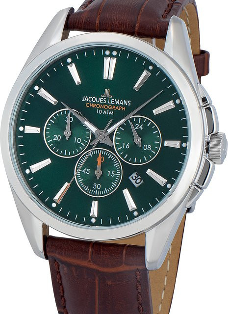 Jacques Lemans Chronograph, Quarz, Edelstahl, Leder, Grün, 42 mm, Herren - Bild 1