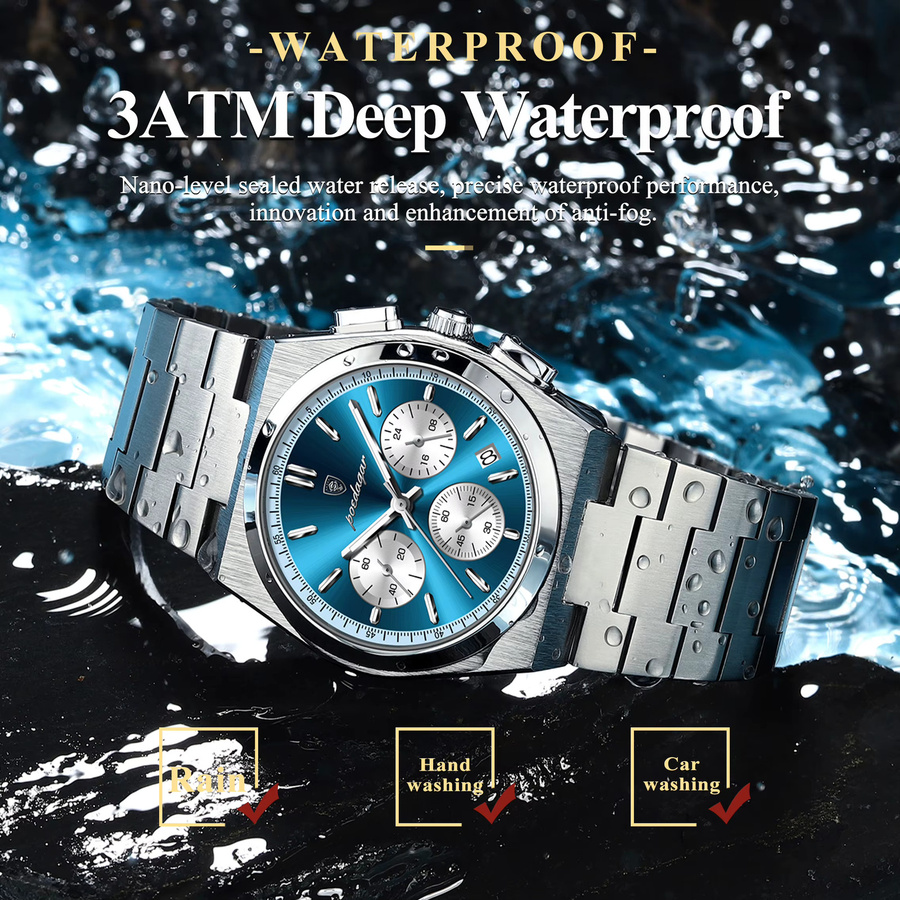 POEDAGAR Chronograph Armbanduhr, Quarz, Edelstahl, Blau, Herren - Bild 3
