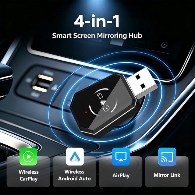 uhulamb 4-in-1 Bluetooth CarPlay Adapter Schwarz für kabellose Bildschirmspiegelung im Autoradio mit Plug & Play für kabelgebundene CarPlay-Fahrzeuge - Bild 1