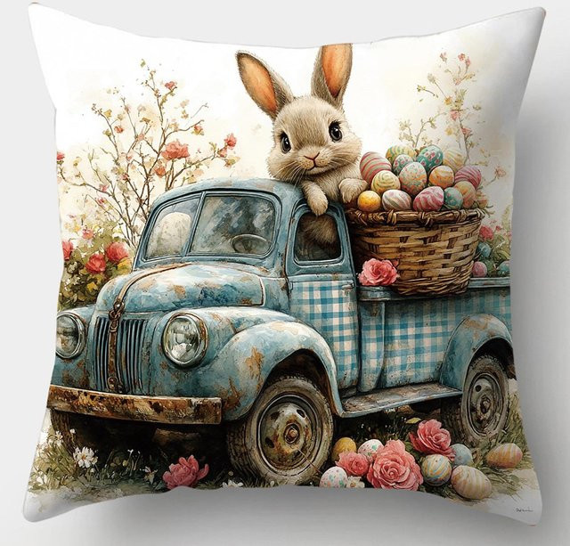 Ostern Kissenbezug mit Hase und Ei Motiv aus Peach Skin für Sofa und Schlafzimmer B/H: 18 x 18 cm - Bild 1