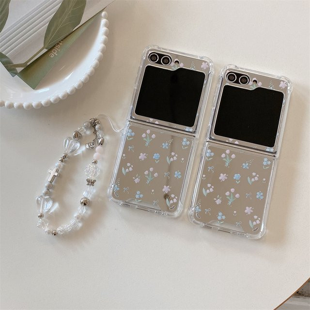 Stoßfeste Handyhülle mit Spiegel und Blumenfragmenten für Samsung Galaxy Z Flip 3 4 5 6 7 inklusive Lanyard - Bild 1