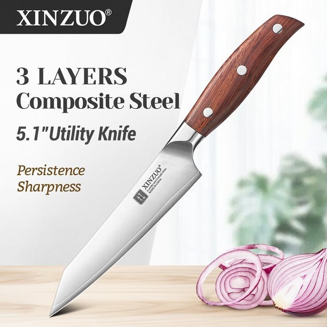 XINZUO Allzweckmesser aus 440C Stahl mit 3-Schicht-Verbundstahl und Rotholzgriff, Silber - Bild 1