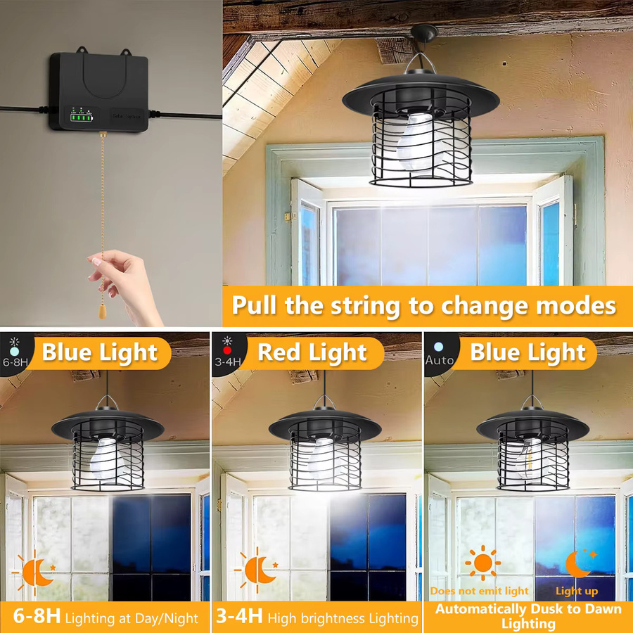 AMARYLLIS Solar-Pendelleuchte für Außenbereich in Schwarz mit Retro-Zugkettenschalter, IP65 wasserdicht, warmweißes Licht und Batterieanzeige - Bild 5