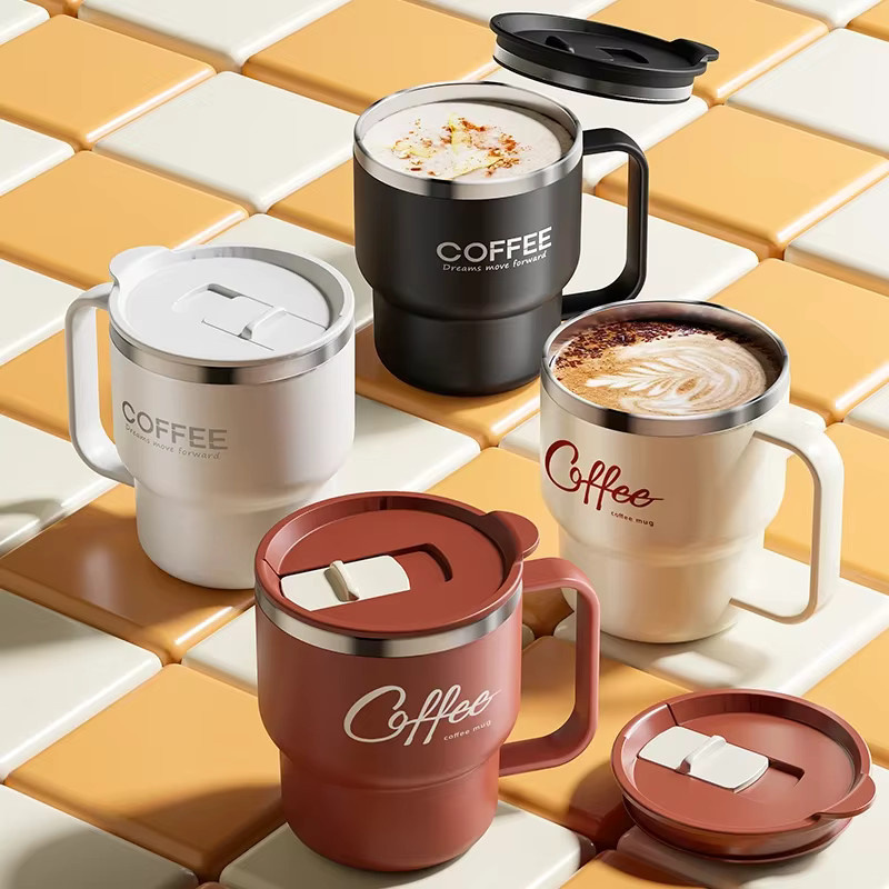 XMSJ Kaffeetasse aus 304 Edelstahl mit Deckel und Griff, 400 ml isolierte Trinktasse aus doppelschichtigem Edelstahl - Bild 2