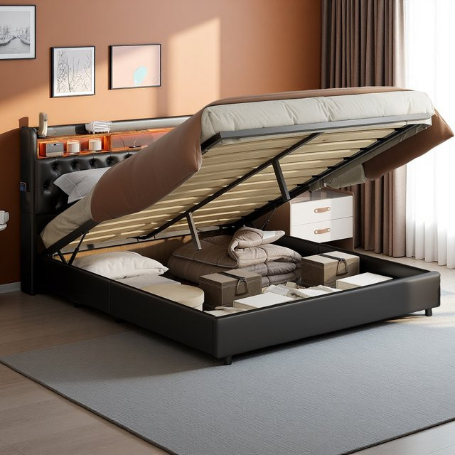 FEEOHOME Polsterbett Doppelbett mit LED-Beleuchtung und USB-Ladefunktion, Schwarz, B/T/H: 180 x 200 cm, Hydraulisches Boxspringbett mit Bettkasten aus Kunstleder - Bild 1