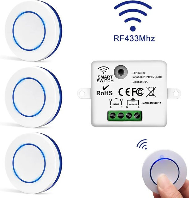 GGBEE Mini-Wireless-Lichtschalter mit 433 MHz, runder Druckknopf in Weiß, 10 A, 85–240 V mit Relaisempfänger zur Verbindung mit traditionellen Schaltern - Bild 1