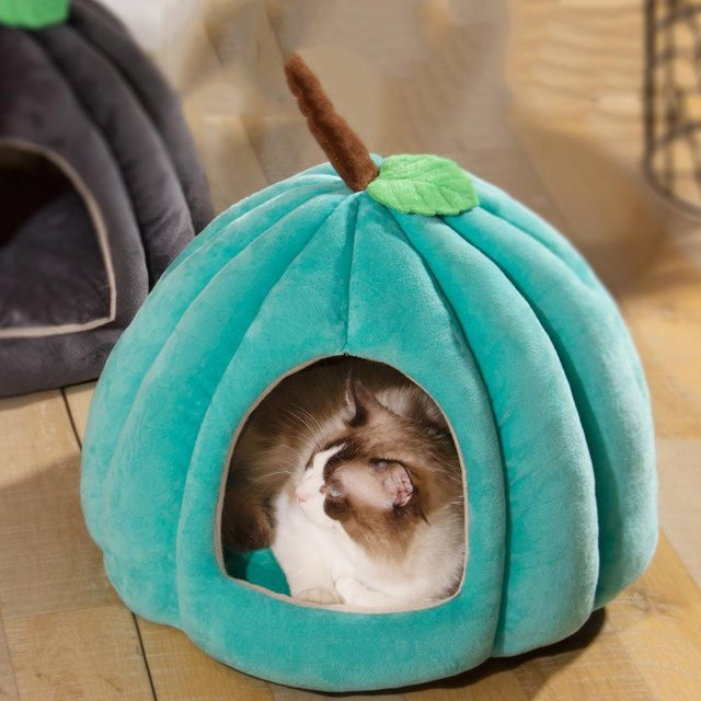 Faltbares Katzenhaus in Kürbisform als warmes Hundebett und Höhle für kleine Hunde und Katzen in Blau - Bild 1