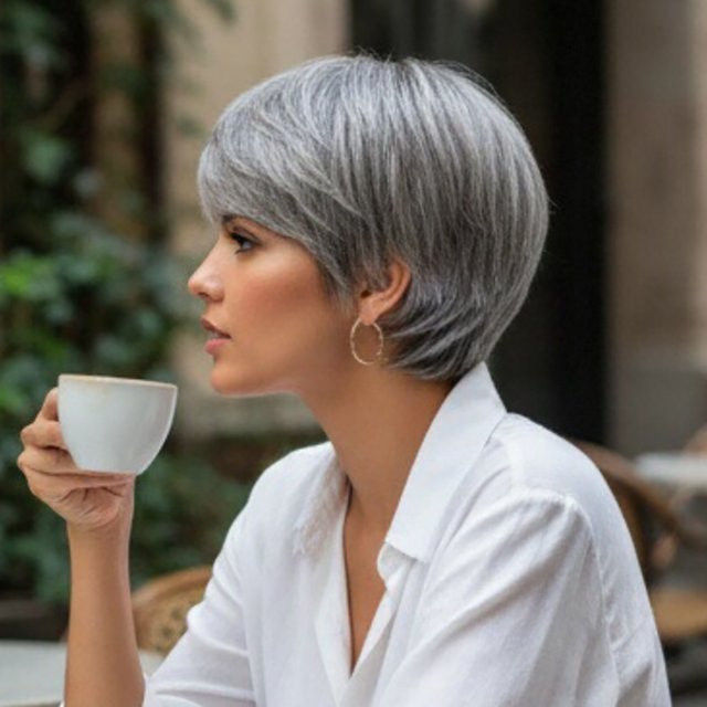 OYM HAIR Pixie-Perücke, Fingerwellen, Grau, Damen - Bild 1