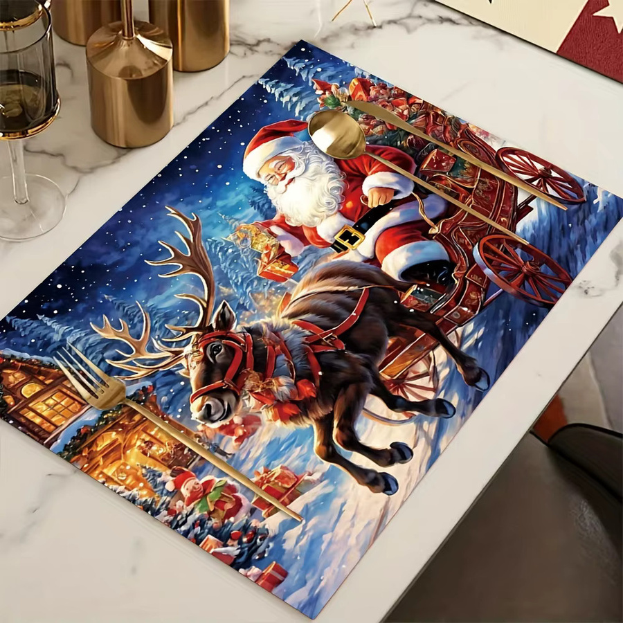 VIKAMA 4-teiliges Weihnachtsmann-Schlitten-Tischset mit verschneitem Stadt-Aufdruck zur Weihnachtsdekoration für dein Familienessen - Bild 3