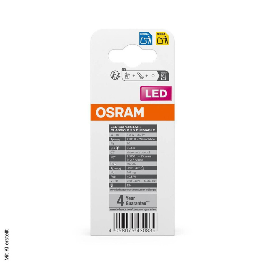 Osram LED-Leuchtmittel Tropfen RGBW mit Fernbedienung, E14, dimmbar, 250 lm, 2700 K, Warmweiß - Bild 2