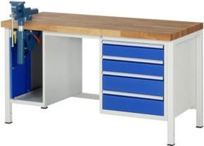 RAU Werkbank höhenverstellbar mit 4 Schubladen, Schrank mit Einschiebetür und Schraubstock, B/T/H: 150 x 70 x 84-104 cm - Bild 1