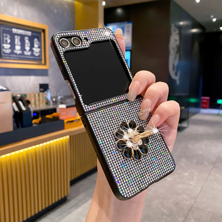 Bunte und luxuriöse Handyhülle mit funkelndem Blumen-Ringhalter für Samsung Galaxy Z Flip (kompatibel mit Z Flip 3, 4, 5, 6, 7, 8 und FE) in Multicolor - Bild 1