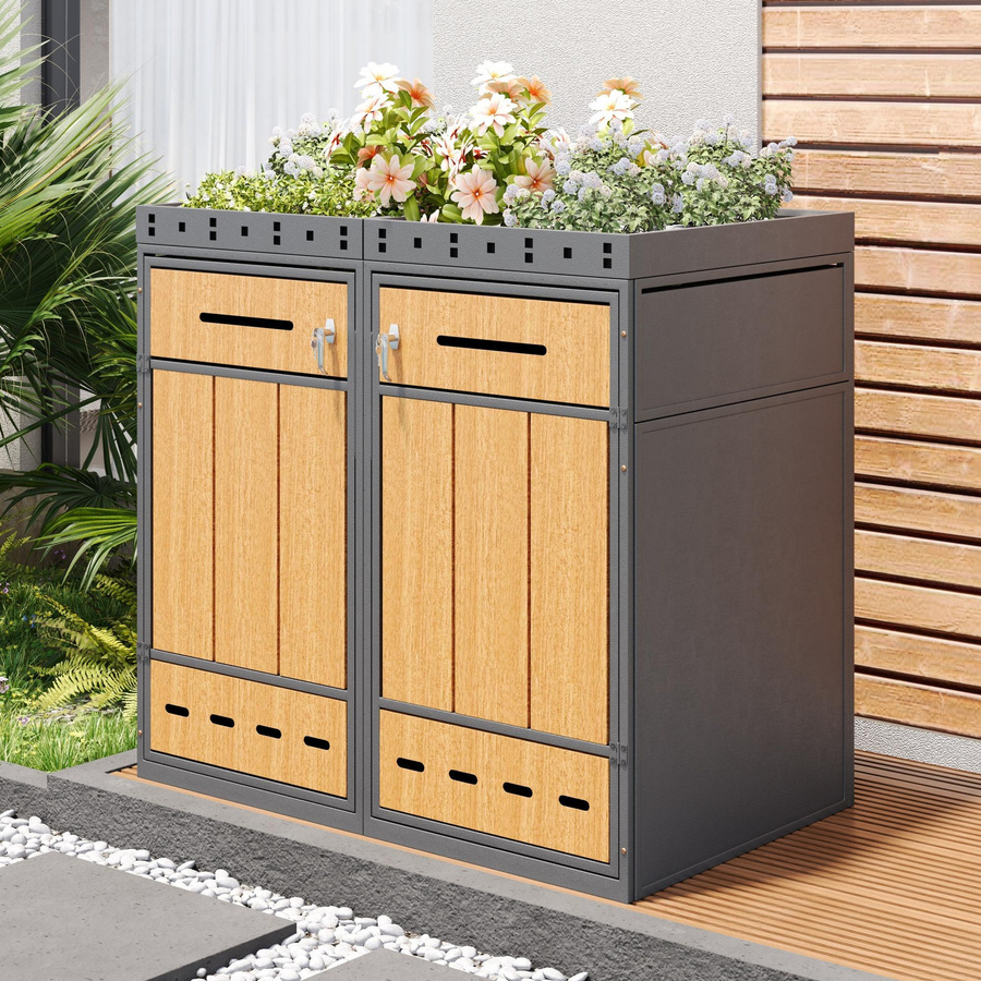 Doppel-Mülltonnenbox von GL Store als 2-fach Abfalltrennsystem aus Stahl und Holz in Grau und Naturfarbe, B/T/H: 132 x 80 x 124 cm - Bild 2