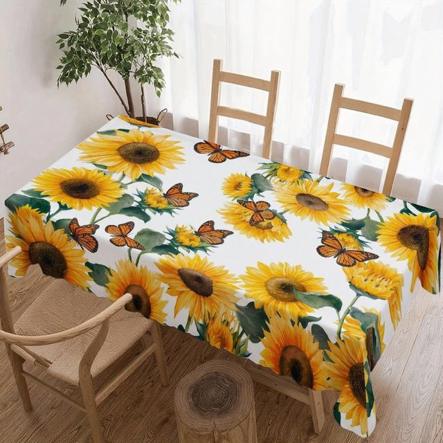 Wasserdichte und wiederverwendbare rechteckige Tischdecke mit Sonnenblumen- und Schmetterlingsmuster von JINGYUE Pet in Gelb und Weiß, B/T: 140 x 90 cm - Bild 1