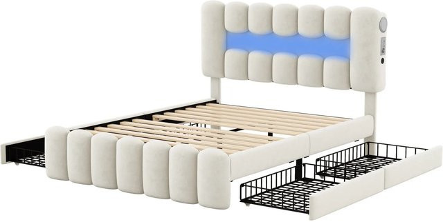 okwish Polsterbett aus Samt in Beige mit 4 Schubladen, LED-Lichtleiste, USB-Anschluss und Stereoanlage, B/T/H: 140 x 200 x 124 cm - Bild 1