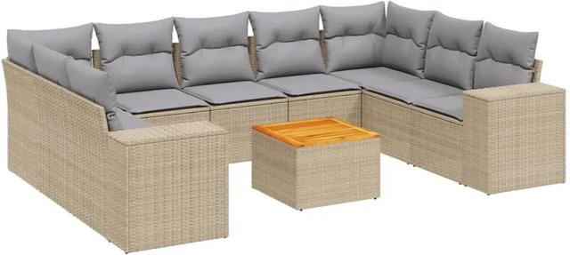 vidaXL 10-tlg. Garten-Sofagarnitur in L-Form aus Poly-Rattan und Akazienholz mit Kissen in Beige - Bild 1