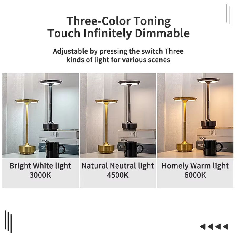 Moderne kabellose Tischlampe aus Metall in Gold/Messing mit Touch-Funktion und USB-Wiederaufladung für Schlafzimmer und Schreibtisch - Bild 2