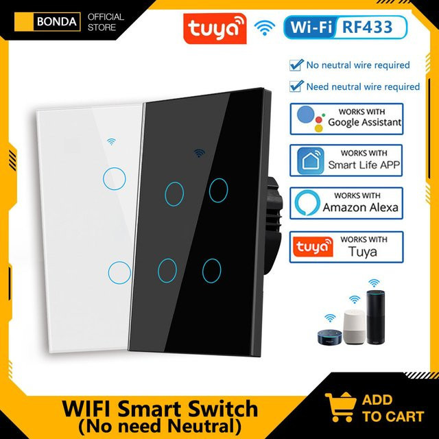 Tuya US WLAN Smart Wandschalter RF433 mit Touch-Sensor und LED-Lichtschalter, 1/2/3/4-fach, ohne Neutralleiter, kompatibel mit Alexa und Google Home - Bild 1