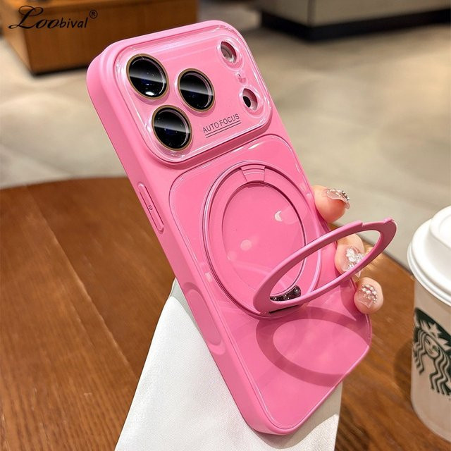 Loobival Luxuriöse Handyhülle mit großem Fenster und 360 Grad Ständer für iPhone 17 16 15 Pro Max 14 13 12 11 inklusive Glas Kamera Schutzfolie in Grau und Pink - Bild 1