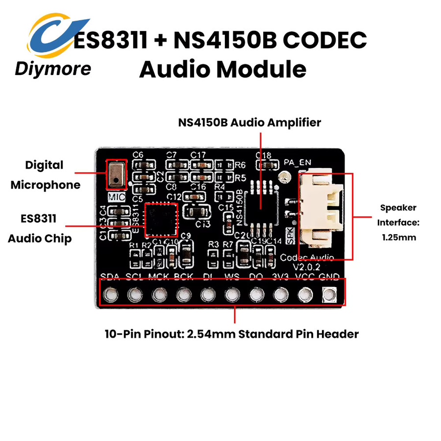 diymore Audio-Verstärkermodul ES8311+NS4150B mit externem oder integriertem Mikrofon in Schwarz für ESP32 C3 und ESP32 S3 Entwicklungsboards - Bild 3