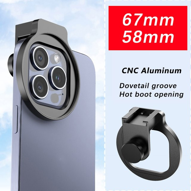 OBKEY Universeller Metallclip Filteradapter für Handykameraobjektive 58mm und 67mm in Schwarz für iPhone, Huawei, Xiaomi und OnePlus - Bild 1