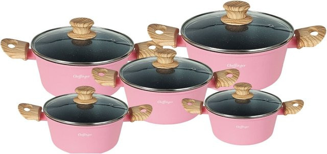 Cheffinger 10-teiliges Kochset mit Glasdeckeln in Pink, Antihaft-Marmorbeschichtung, Aluminium, Induktion geeignet - Bild 1