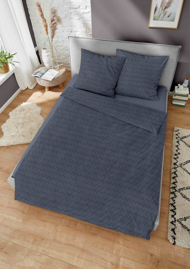 Dormisette Fein Flanell Bettwäsche Blau Marine mit Zickzack-Muster, B/H: 135 x 200 cm und 80 x 80 cm - Bild 1