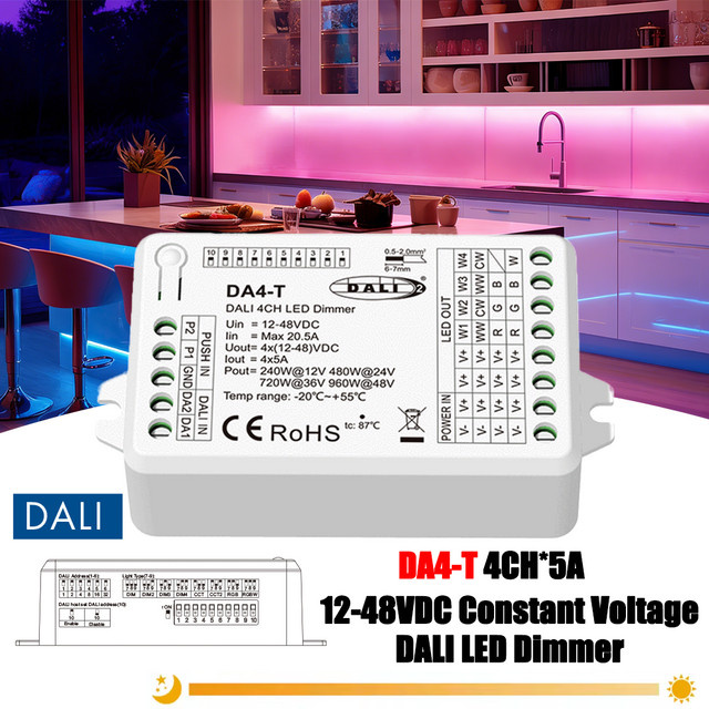 YSRSAI DALI Dimmer DA4-T DT6 DT8 Konstantspannungs-Druckschalter-Dimmer für dimmbare LED-Beleuchtung (Einfarbig, CCT, RGB, RGBW), 4CH*5A, 12-48VDC, Weiß - Bild 1