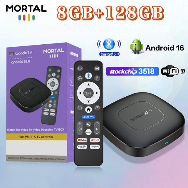 MORTAL T1 Android 16 Smart TV Box RK3518 Quad Core mit 8 GB RAM und 128 GB ROM, Dual Wifi 2,4 G/5,8 G Media Player, Schwarz - Bild 1