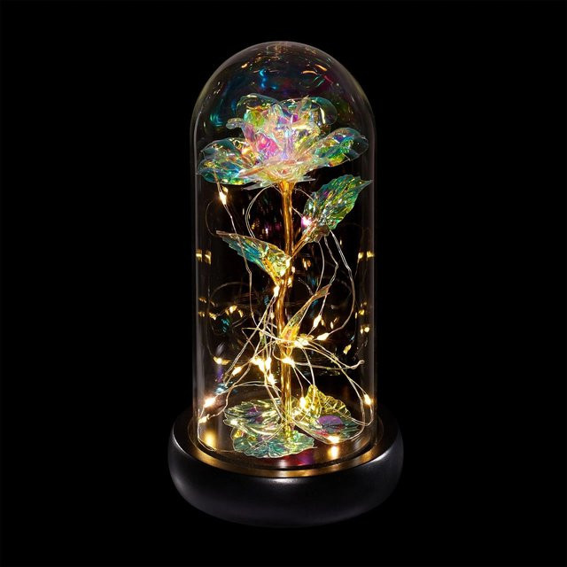 Relaxdays Deko-Rose im Glas mit LED-Lichterkette in Bunt, Borosilikatglas und Kiefernholz, Höhe: 22 cm, Breite: 11 cm - Bild 1
