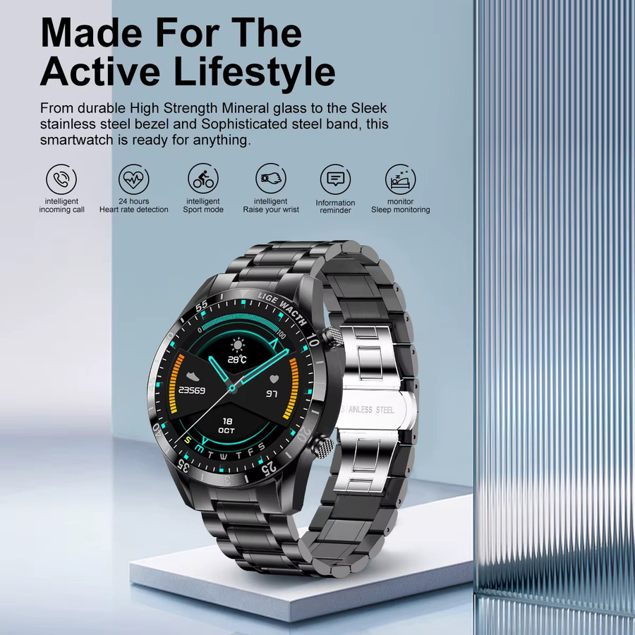 LIGE Smartwatch, Edelstahl, Milanaise, Schwarz, Herren - Bild 2