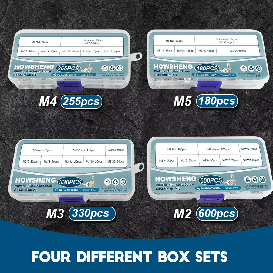 Howsheng Kreuzschlitz-Flachkopfschrauben-Set mit Muttern und Unterlegscheiben aus Kohlenstoffstahl in Silber für Möbelreparaturen (M2 M3 M4 M5) - Bild 2